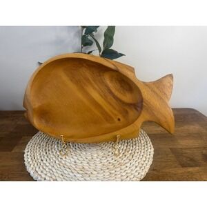 Vintage Monkey Pod Wood Fish Serving Tray MCM Tropical Hand Carved Platter